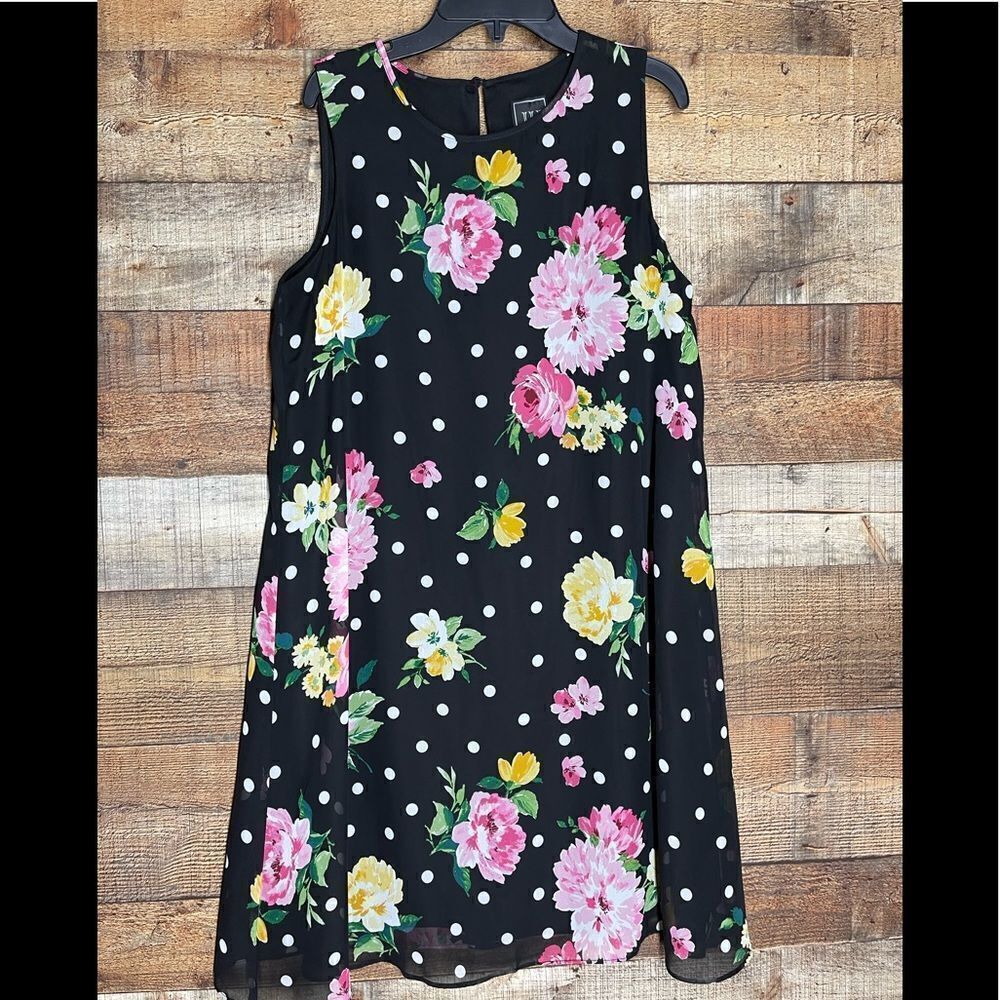 JH black floral swing dress white polka dots sleeveless, size 10‎